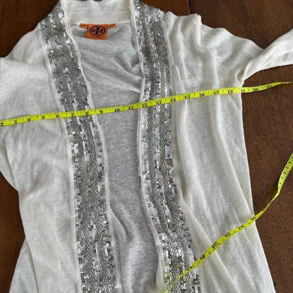 Tory Burch Open Front Long Cardigan Linen Cotton Sequin Thin Knit Sweater Sz Sml